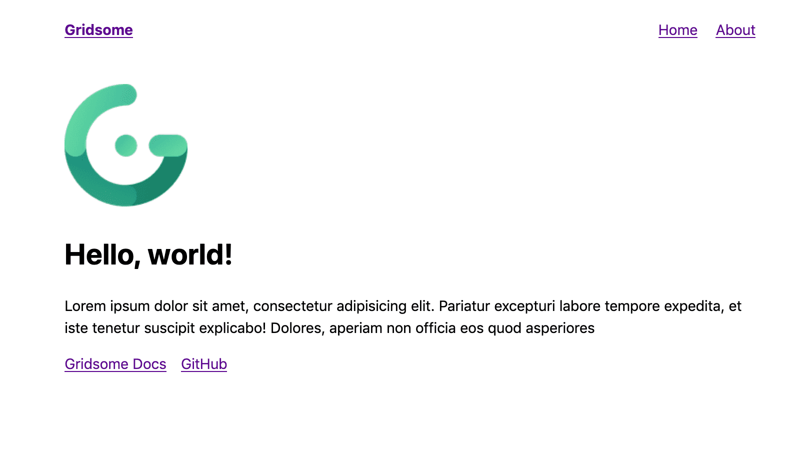 Gridsome starter websites. Contains example texts, a home page and an about page.